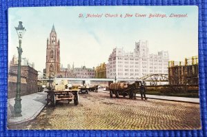 Vtg St Nicholas Church & New Tower Buildings Horse Buggy Liverpool Eng Postcard