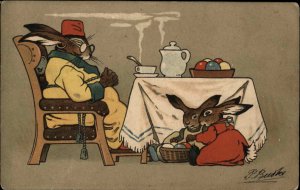 Easter Buske? Russian Art Dressed Rabbit Fantasy Tea c1910 Postcard