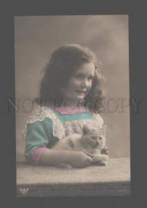 3079535 Charming Girl w/ White KITTEN vintage PHOTO Tinted RPPC