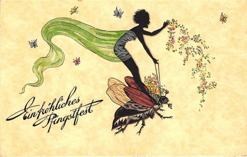 Beautiful Fantasy Flying Woman Riding  Bug Einfrohliches Pentecost Postcard