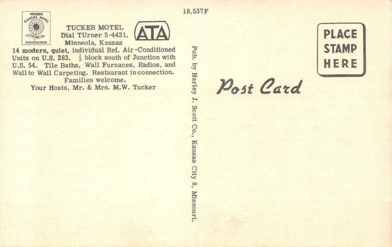 TUCKER MOTEL Minneola, Kansas Roadside c1940s Vintage Linen Postcard