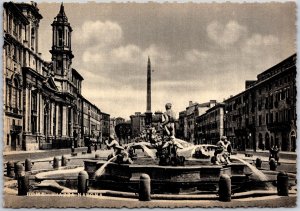 Roma Plaza Navona Italy Fountain Statue Monument Real Photo RPPC Postcard