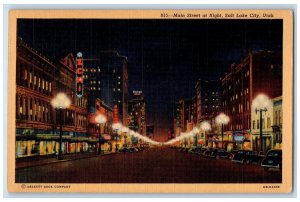 c1940 Main Street At Night Downtown Classic Cars Salt Lake City Utah UT Postcard