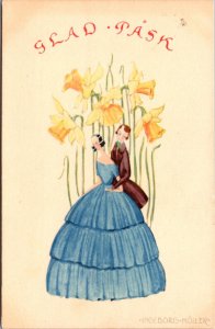 Moller Art Easter Postcard Glad Pask Couple in an Embrace Daffodils