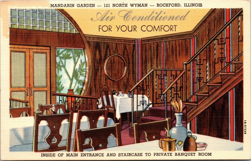 Linen Postcard Interior of Mandarin Garden Restaurant in Rockford, Illinois~4373
