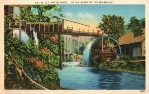 Vintage Postcard 1930's An Old Water Wheel In The Heart Of Mountains NC