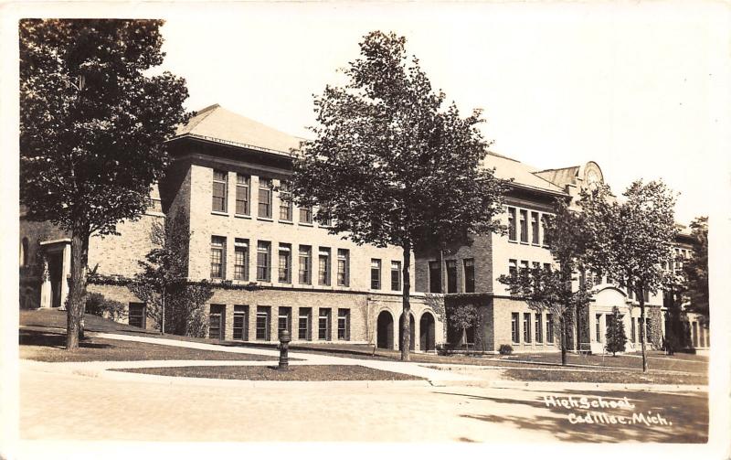 Cadillac Michigan~High School Building~Young Trees in Front~1930s RPPC