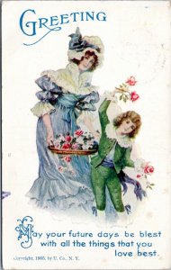 Postcard Greetings - Mother child flowers May your future days be blessed