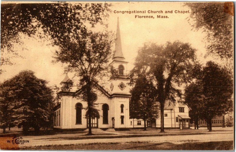 Congregational Church and Chapel, Florence MA c1928 Vintage Postcard I27