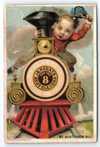 1881 J & P COATS EXAGGERATED BOY RIDING LOCOMOTIVE TRAIN ENGIN TRADE CARD Z1386