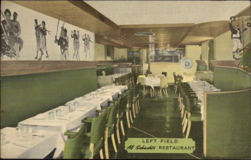 New York City Al Schacht's Baseball Restaurant LEFT FIELD Linen Postcard 