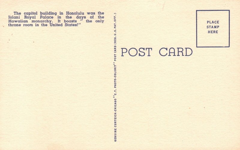 Vintage Postcard 1930's The Capitol Formerly The Royal Palace Honolulu Hawaii HI