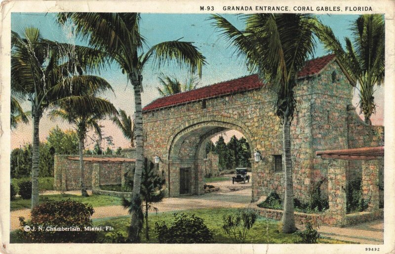 c.1933 By-Plane Vintage Car Cancel Granada Coral Gables Florida Postcard 2T6-39 