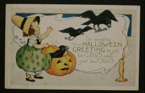 1922 Halloween Postcard Little Girl, Black Crows, Jack-O'-Lantern, Syracuse, NY