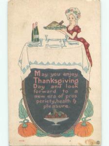 Pre-Linen Thanksgiving PRETTY WOMAN PLACES COOKED TURKEY ON THE TABLE AB4335