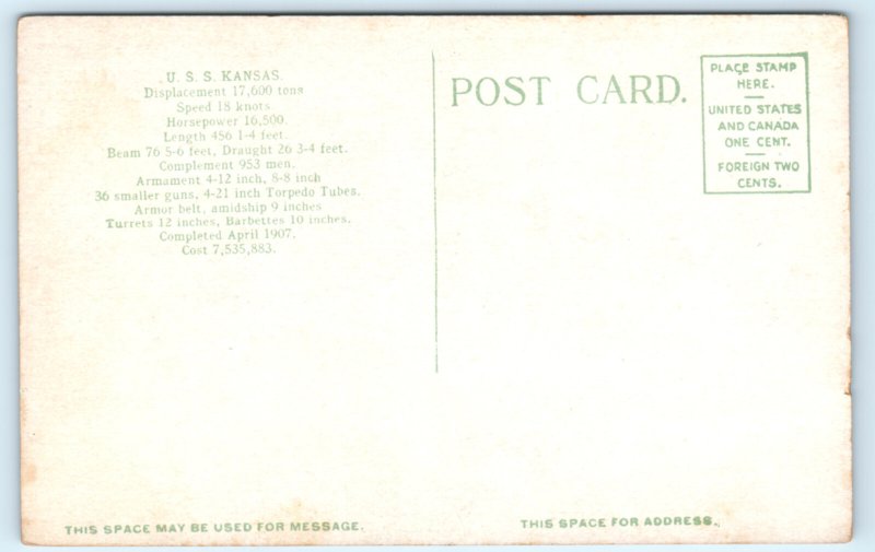 WWI USS Kansas Battleship Navy Ship Postcard