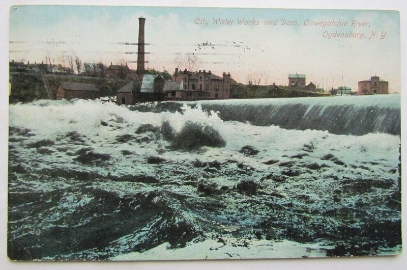 Vintage 1910 Postcard City Water Works & DAM Oswegatchie River
