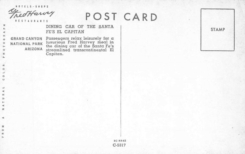 Santa  Fe Capitan Grand Canyon Dining Room Postcard