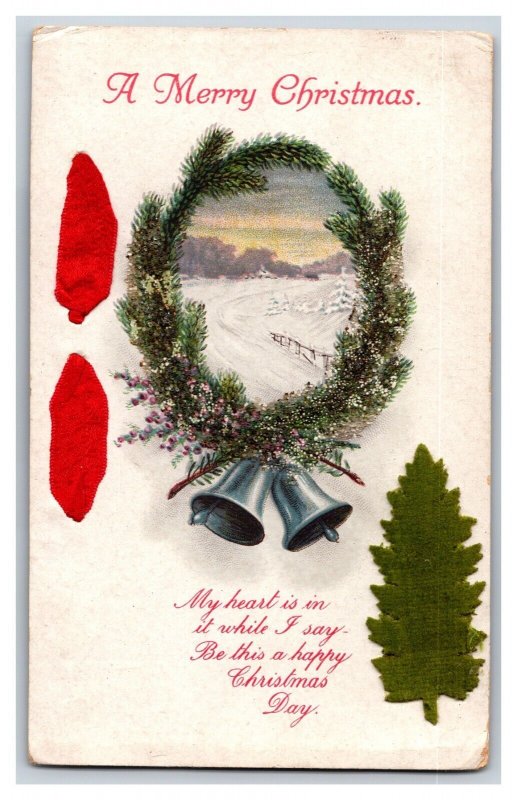 Merry Christmas Wreath Bells Silk Felt Micah Add On Unused DB Postcard O18