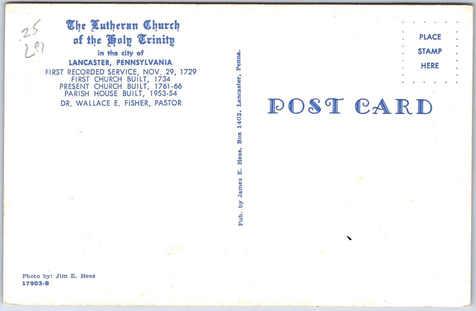Vintage Postcard the Lutheran Church of the Holy Trinity Lancaster