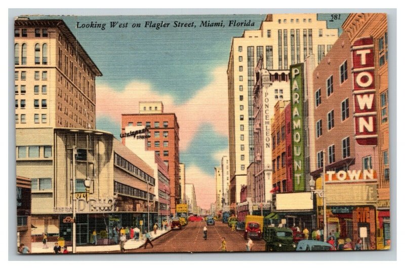 Vintage 1956 Postcard Flagler Street Antique Cars Street Signs Miami Florida