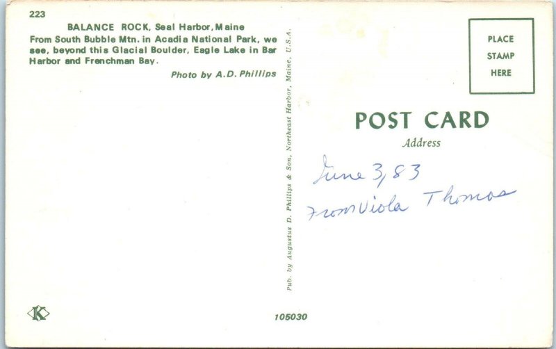SEAL HARBOR, ME Maine  BALANCE ROCK Acadia National Park   c1960s   Postcard 