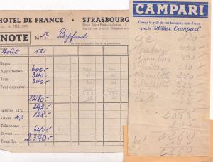 Strasbourg Hotel De France 1950s Campari 2x Receipt s