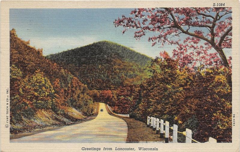 Lancaster Wisconsin~Car Driving on Road on Mountainside~Autumn Trees~1952 PC