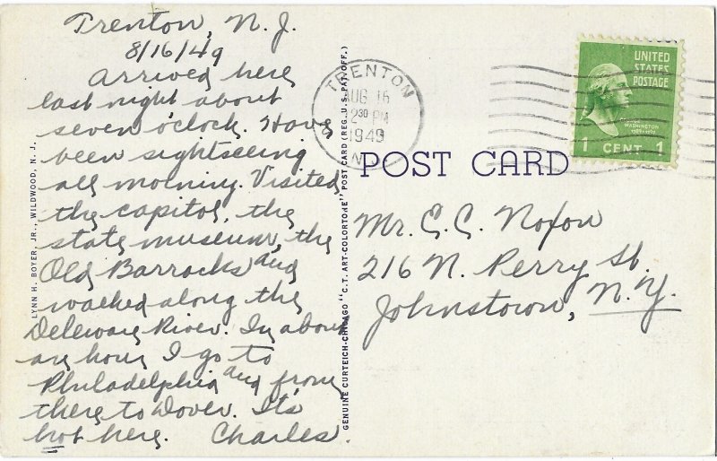 State Capitol Trenton New Jersey Mailed 1949