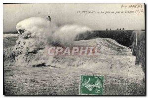 Postcard Old Treport La Jetee a Storm Lighthouse Day
