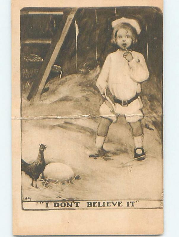 Bent c1910 signed BOY DOESN'T BELIEVE THAT CHICKEN LAID GIGANTIC EGG HL5181