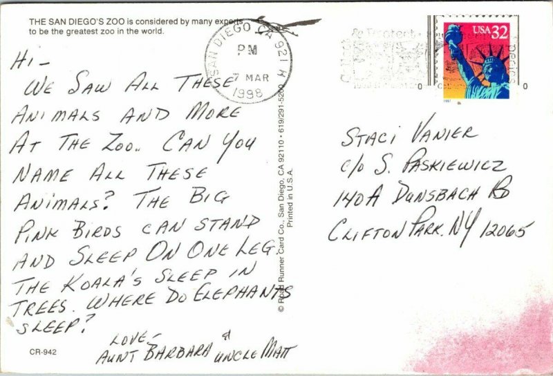 Postal antigua San Diego Zoo Elefante Koala Oso Flamingo 1998 California Nueva York
							
							mostrar tÃ­tulo original