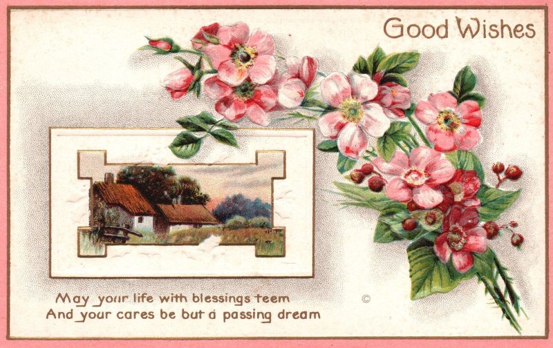 Vintage Postcard Good Wishes Houses Landscape May Your Life With Blessing Teem