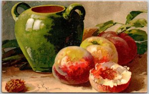 Juicy Peaches Fruits & Vibrant Green Jar, C.K. Signed Artist, Vintage Postcard
