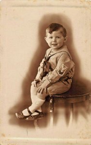 BOBBY MORRIS-CUTE LITTLE BOY IN MILITARY SUIT~1924 REAL PHOTO POSTCARD 