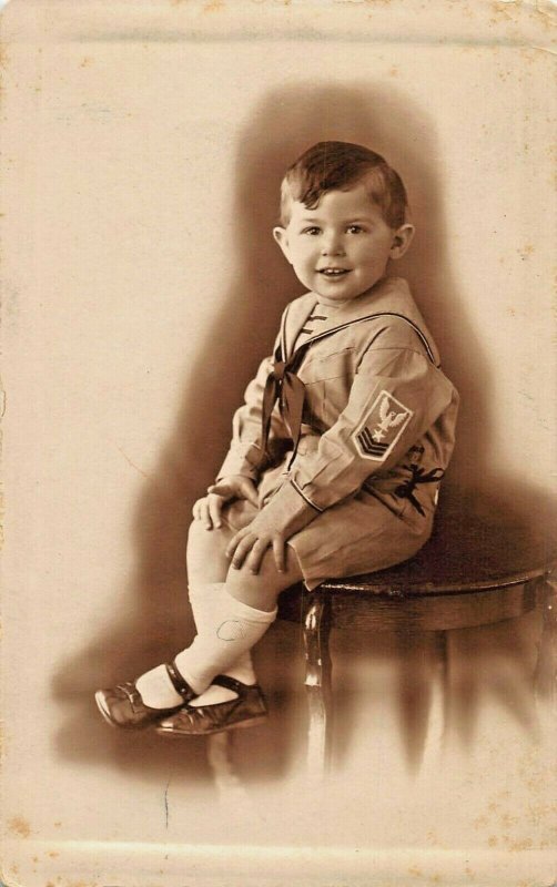 BOBBY MORRIS-CUTE LITTLE BOY IN MILITARY SUIT~1924 REAL PHOTO POSTCARD