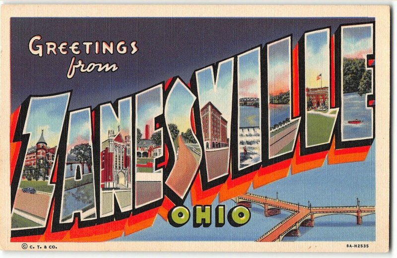 ZANESVILLE, OHIO Vintage Large Letter Linen Postcard - Y Bridge, Town Views 1938