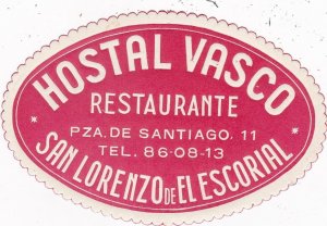 Spain San Lorenzo Hostal Vasco Restaurante Vintage Luggage Label sk4491
