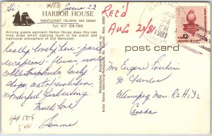 VINTAGE POSTCARD HARBOR HOUSE AND TREE-LINED STREET AT OLD NANTUCKET MASS