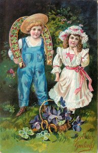 Embossed Birthday Greeting Postcard 979 Children With Flowers & Horseshoe