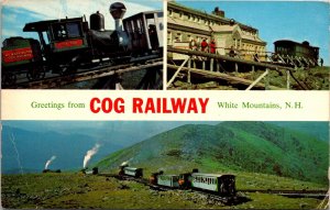 Greetings Cog Railway White Mountains NH Multi View Chrome Cancel WOB Postcard 