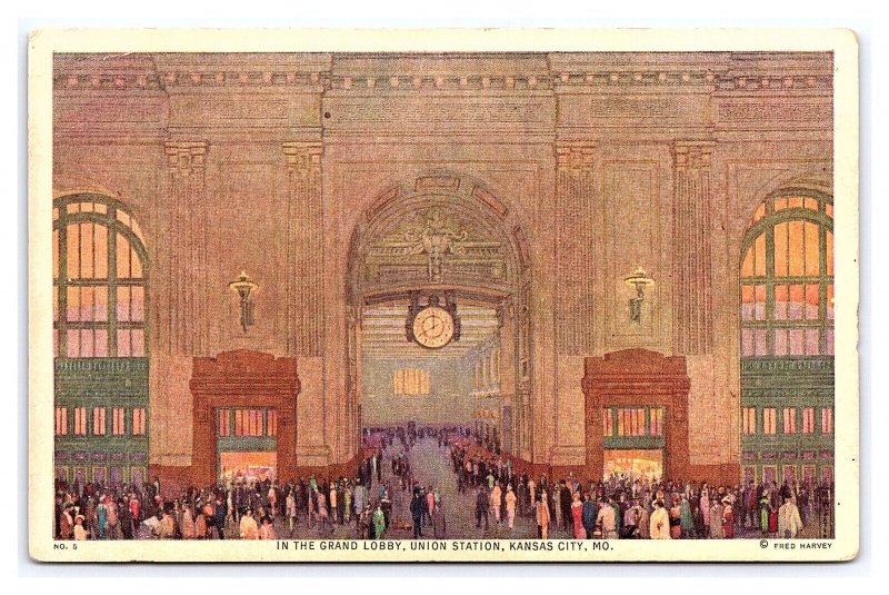 Fred Harvey Postcard In The Grand Lobby Union Station Kansas City MO. Missouri