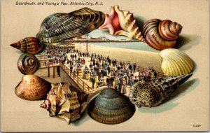 Seashell Border Postcard Boardwalk and Young's Pier Atlantic City, New Jersey