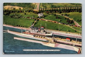 Linen Postcard Cutter Going Through Locks Seattle Washington