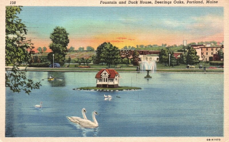 Vintage Postcard 1944 Fountain And Duck House Deering Oaks Portland Maine ME