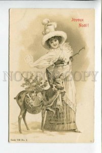 3178013 X-MAS Christmas Woman DEER w/ Toys Vintage PC