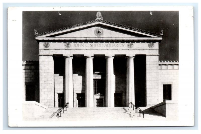 Postcard John G Shedd Aquarium, Grant Park, Chicago, IL Main Entrance RPPC H7.2