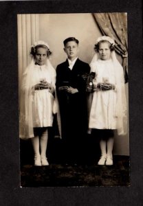 ME First Communion Boy - Two Girls Biddeford Saco Maine Real Photo RPPC RP