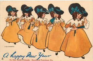 Tuck Postcard New Years Juvenile 6074 Sandford Girls In Yellow Dresses Big Hats