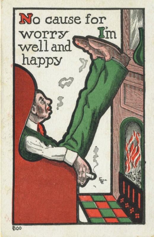 I'm Well And Happy ~ Comic Man Smoking Fireplace BOO EBE co. ~ Antique Postcard